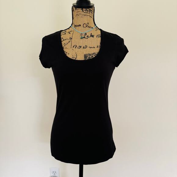 Ann Taylor Womens Black Cotton Scoop Neck Cap Sleeve Cute Little Tee Shirt Small - Picture 2 of 11